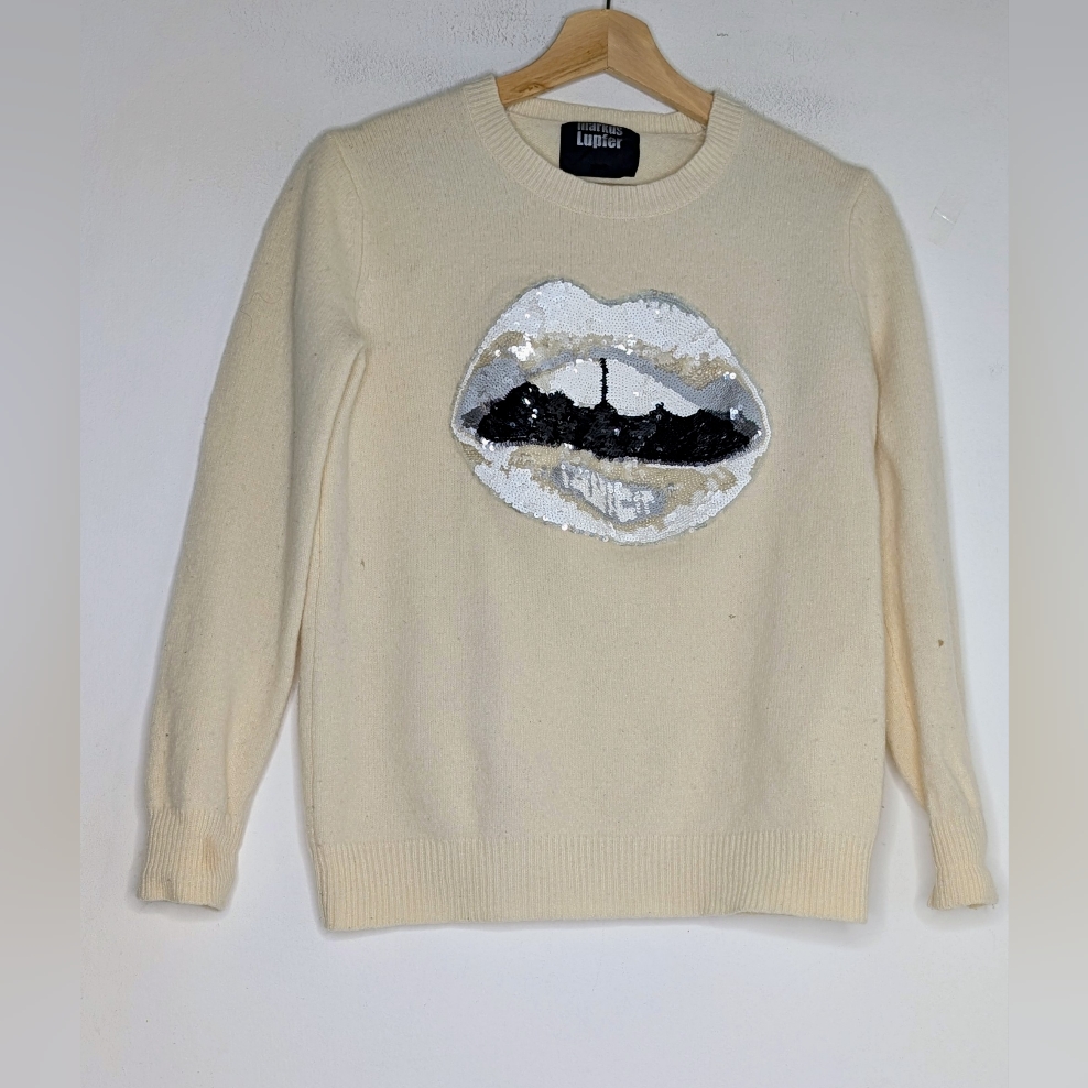 Markus Lupfer Ivory Wool "Lips" Sequined Sweater Small